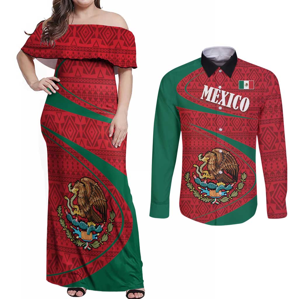 Mexico Coat Of Arms Couples Matching Off Shoulder Maxi Dress and Long Sleeve Button Shirt With Folk Pattern - Wonder Print Shop