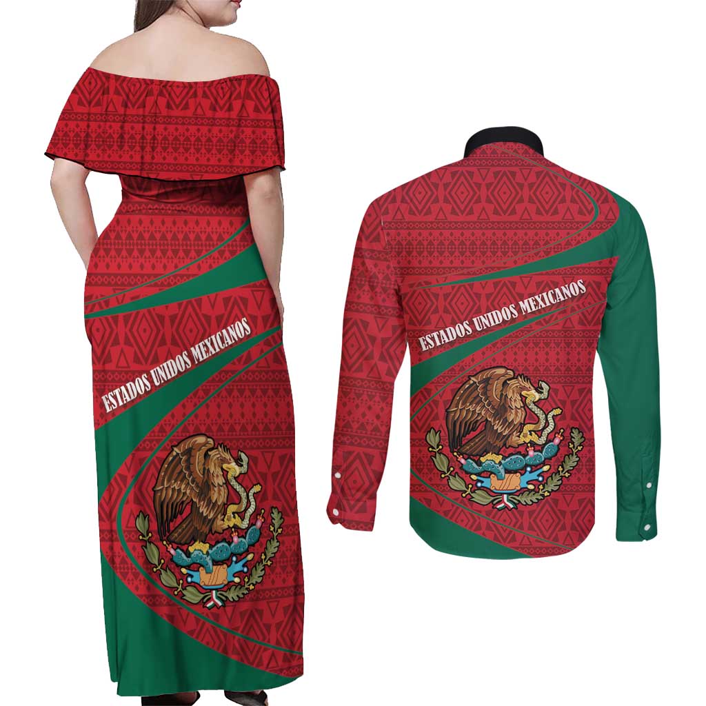 Mexico Coat Of Arms Couples Matching Off Shoulder Maxi Dress and Long Sleeve Button Shirt With Folk Pattern - Wonder Print Shop