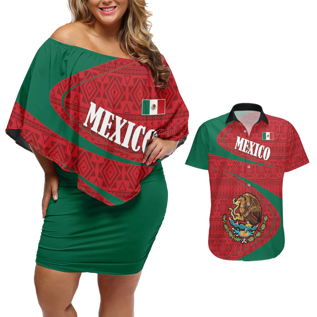Mexico Coat Of Arms Couples Matching Off Shoulder Short Dress and Hawaiian Shirt With Folk Pattern - Wonder Print Shop