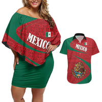 Mexico Coat Of Arms Couples Matching Off Shoulder Short Dress and Hawaiian Shirt With Folk Pattern - Wonder Print Shop