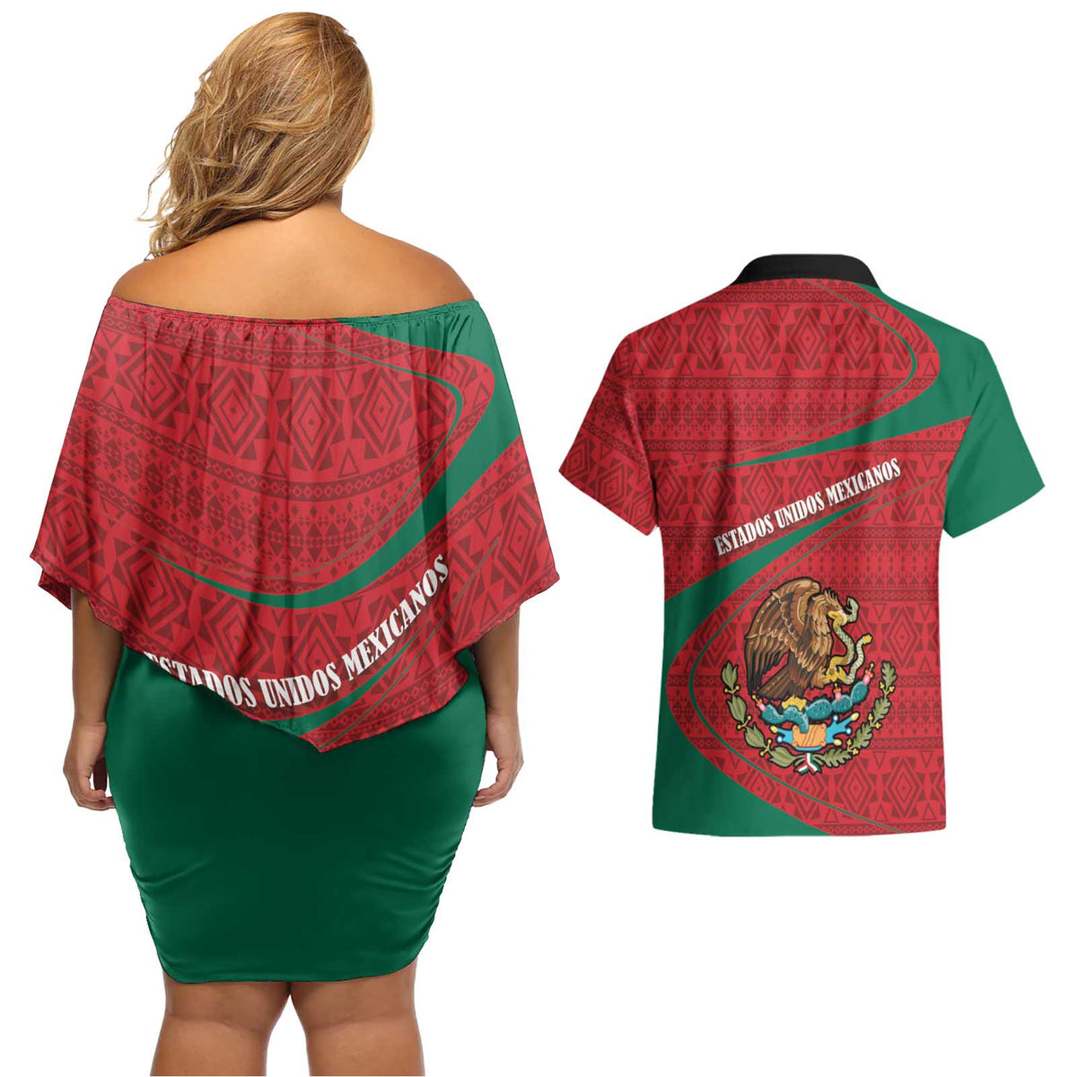 Mexico Coat Of Arms Couples Matching Off Shoulder Short Dress and Hawaiian Shirt With Folk Pattern - Wonder Print Shop