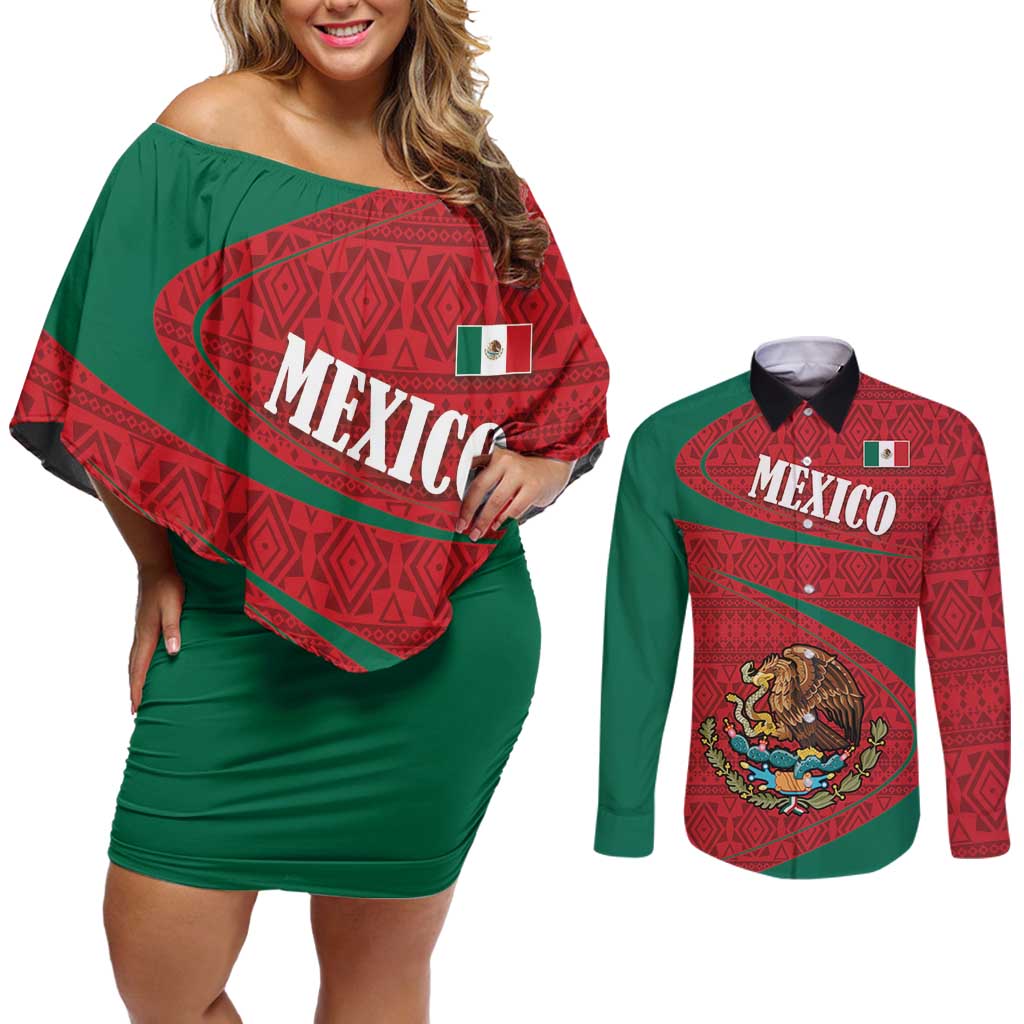 Mexico Coat Of Arms Couples Matching Off Shoulder Short Dress and Long Sleeve Button Shirt With Folk Pattern - Wonder Print Shop