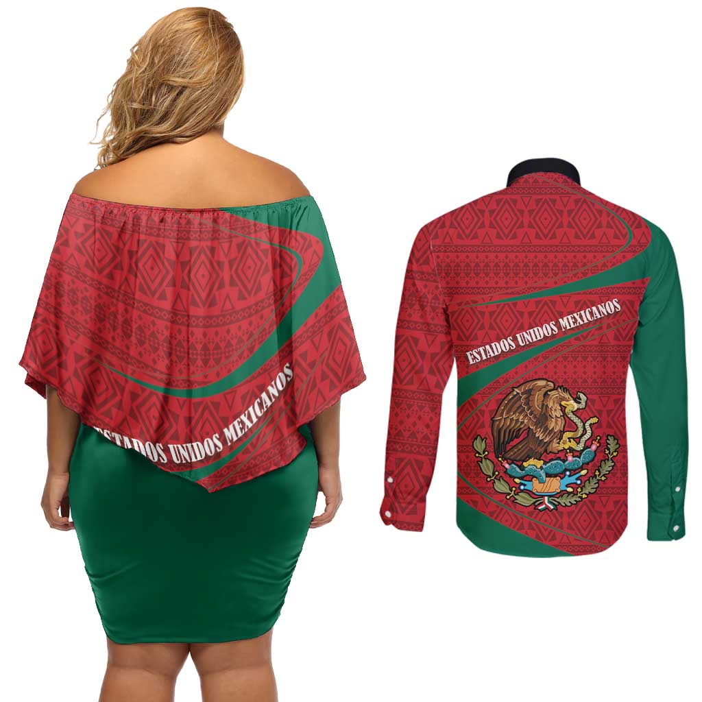 Mexico Coat Of Arms Couples Matching Off Shoulder Short Dress and Long Sleeve Button Shirt With Folk Pattern - Wonder Print Shop