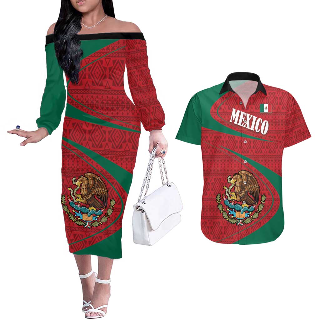 Mexico Coat Of Arms Couples Matching Off The Shoulder Long Sleeve Dress and Hawaiian Shirt With Folk Pattern - Wonder Print Shop