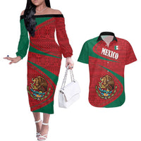 Mexico Coat Of Arms Couples Matching Off The Shoulder Long Sleeve Dress and Hawaiian Shirt With Folk Pattern - Wonder Print Shop