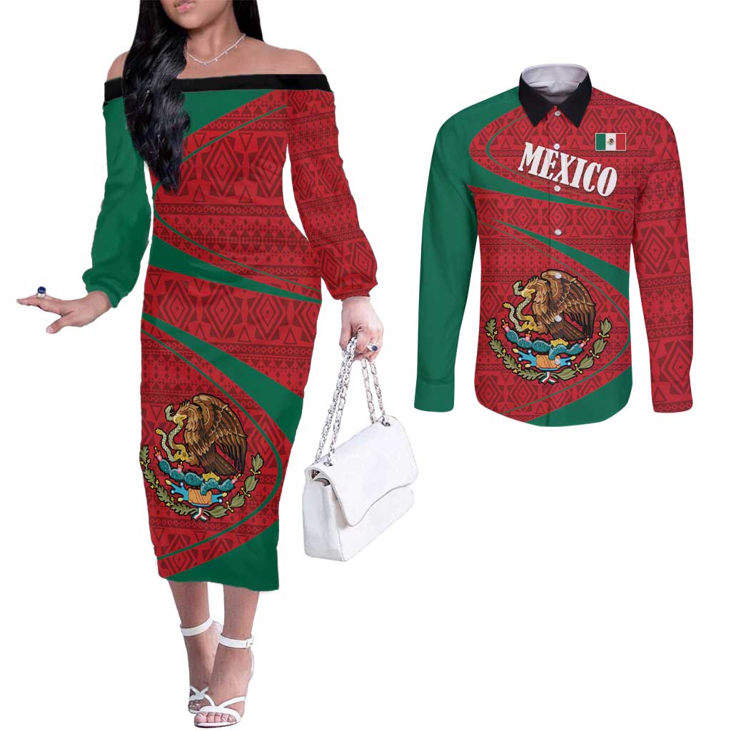 Mexico Coat Of Arms Couples Matching Off The Shoulder Long Sleeve Dress and Long Sleeve Button Shirt With Folk Pattern