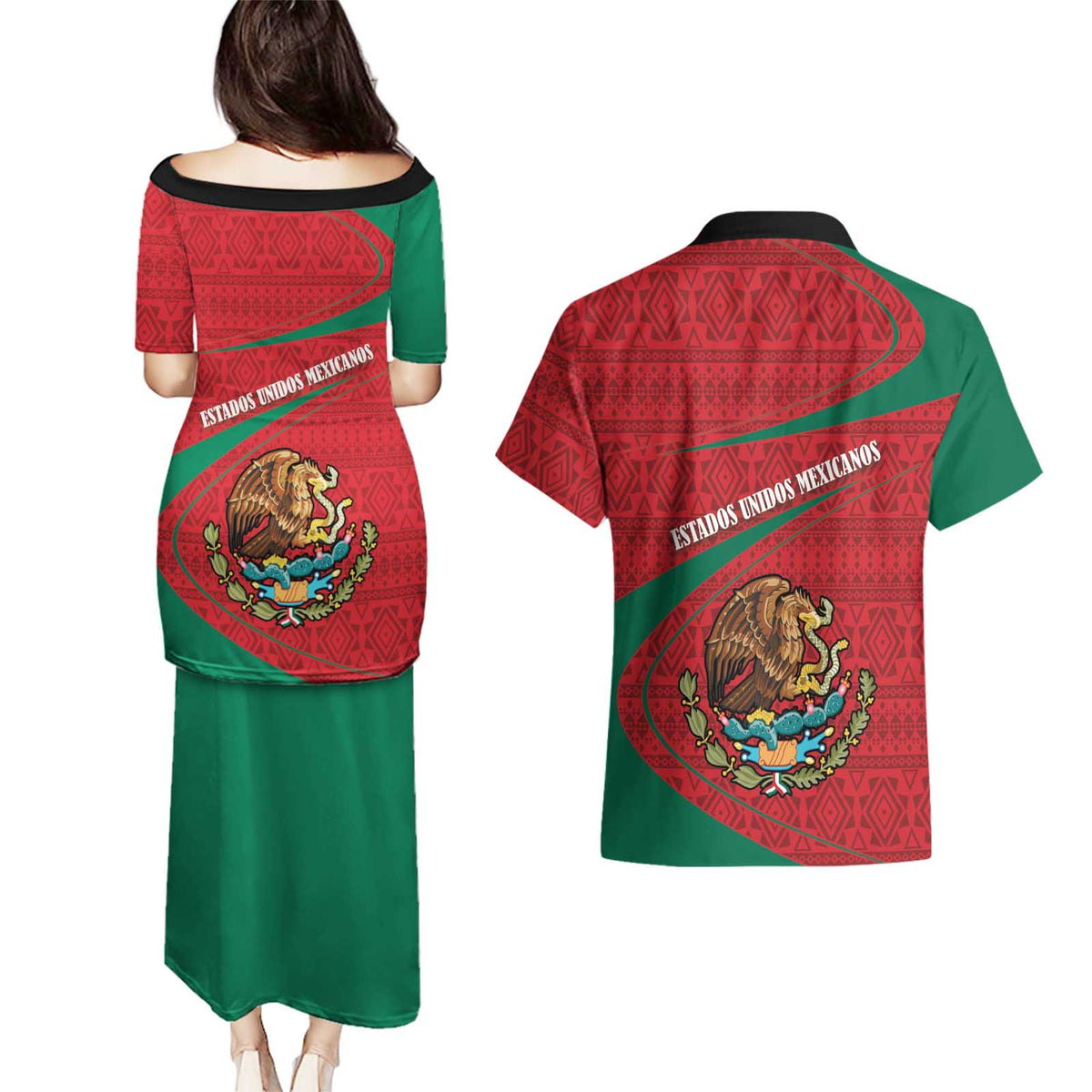 Mexico Coat Of Arms Couples Matching Puletasi and Hawaiian Shirt With Folk Pattern - Wonder Print Shop
