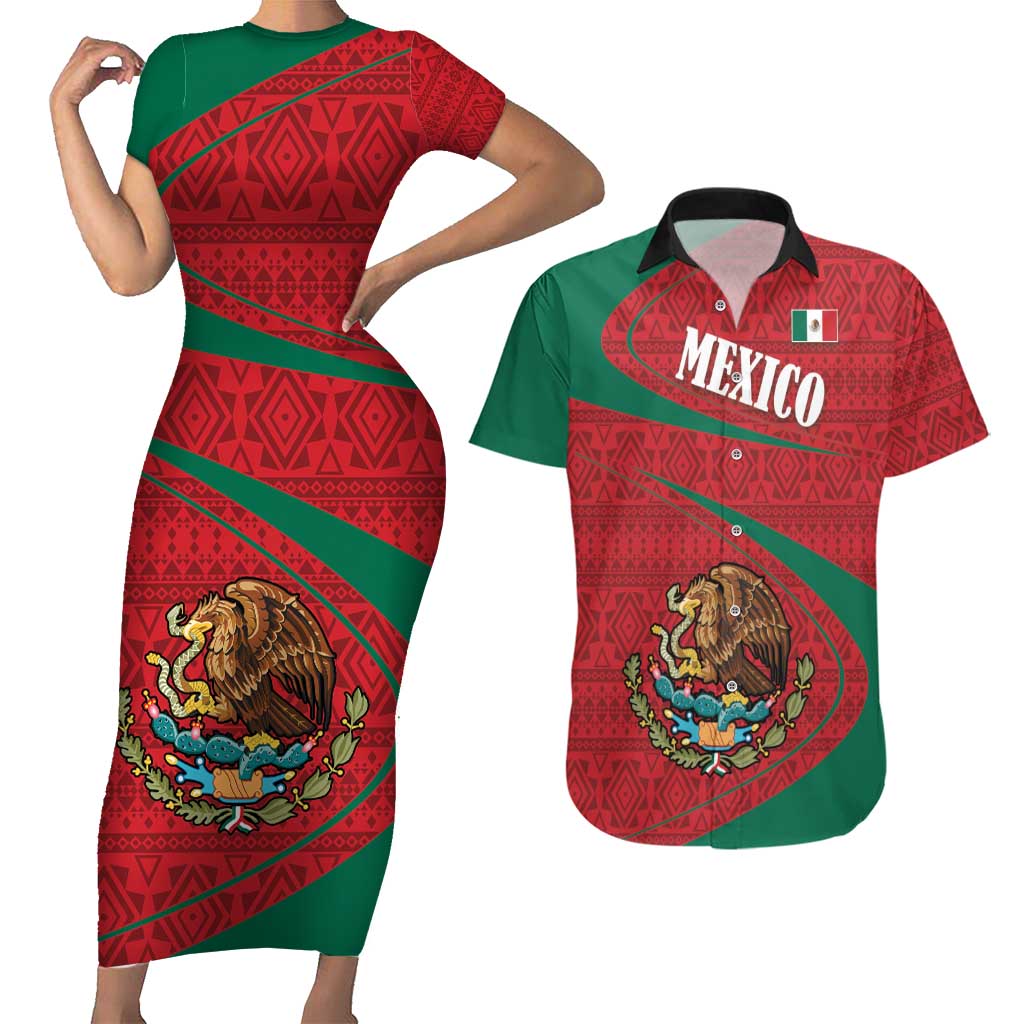 Mexico Coat Of Arms Couples Matching Short Sleeve Bodycon Dress and Hawaiian Shirt With Folk Pattern - Wonder Print Shop