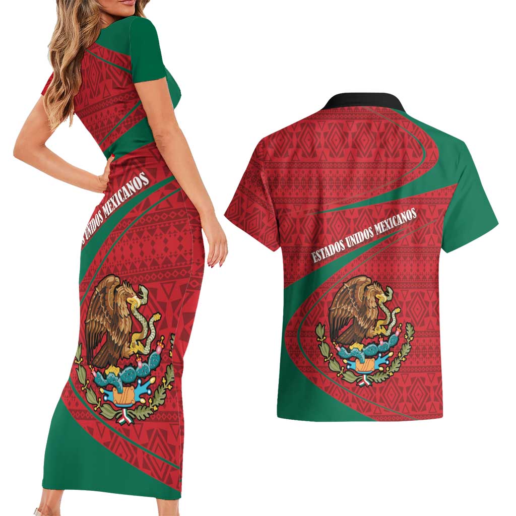 Mexico Coat Of Arms Couples Matching Short Sleeve Bodycon Dress and Hawaiian Shirt With Folk Pattern - Wonder Print Shop