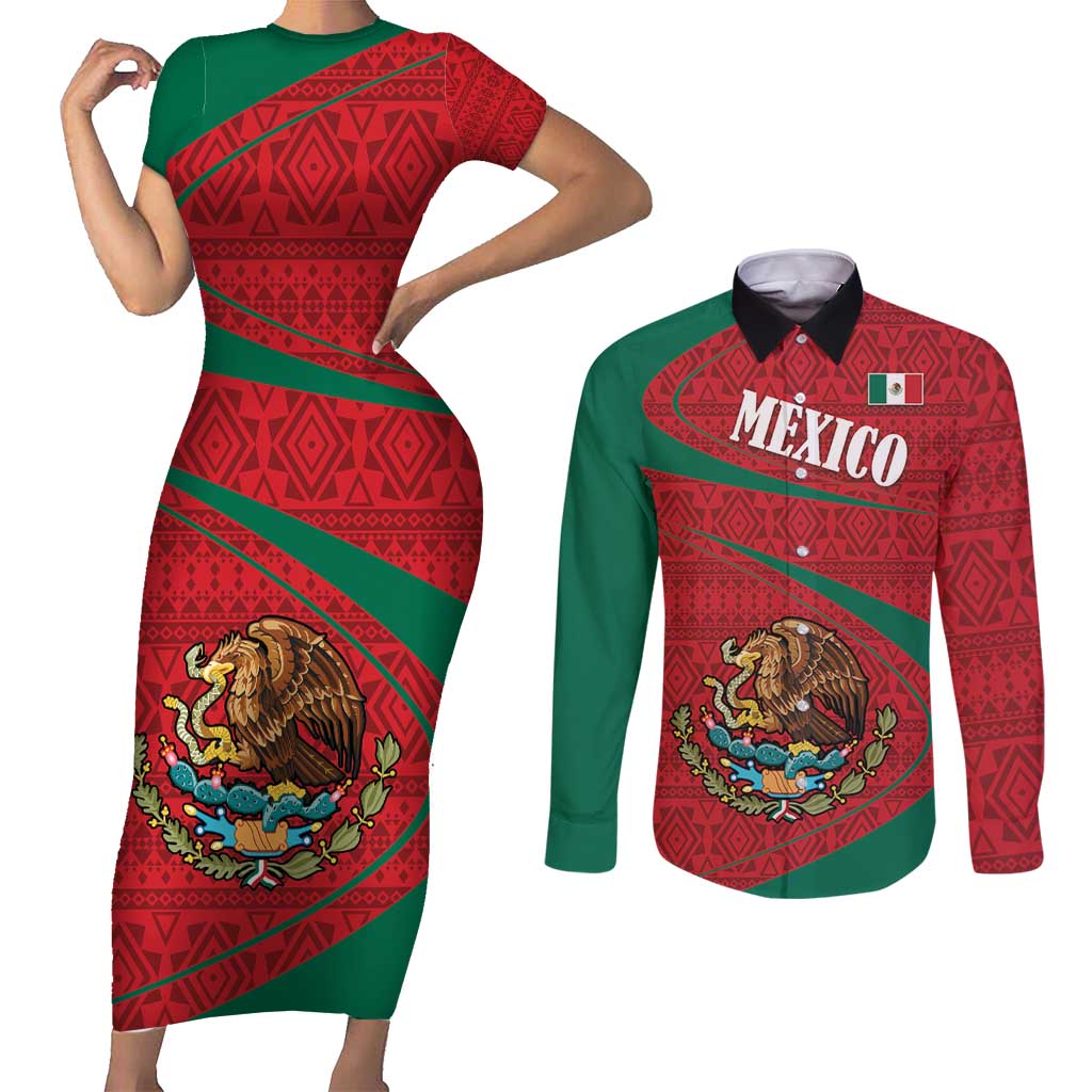 Mexico Coat Of Arms Couples Matching Short Sleeve Bodycon Dress and Long Sleeve Button Shirt With Folk Pattern - Wonder Print Shop