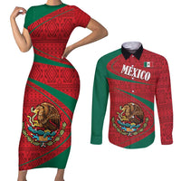 Mexico Coat Of Arms Couples Matching Short Sleeve Bodycon Dress and Long Sleeve Button Shirt With Folk Pattern - Wonder Print Shop