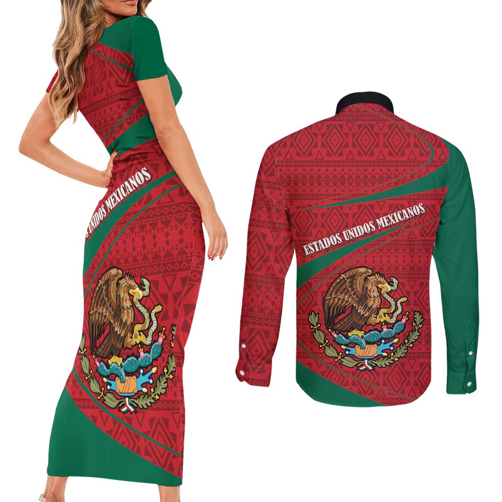 Mexico Coat Of Arms Couples Matching Short Sleeve Bodycon Dress and Long Sleeve Button Shirt With Folk Pattern - Wonder Print Shop
