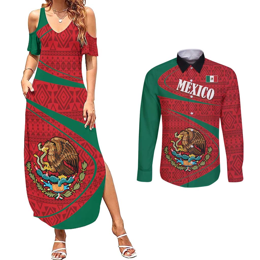 Mexico Coat Of Arms Couples Matching Summer Maxi Dress and Long Sleeve Button Shirt With Folk Pattern - Wonder Print Shop
