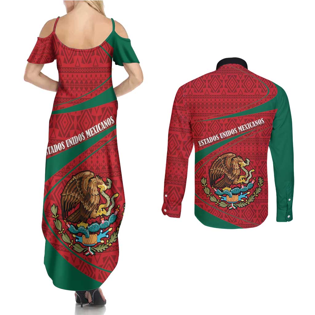 Mexico Coat Of Arms Couples Matching Summer Maxi Dress and Long Sleeve Button Shirt With Folk Pattern - Wonder Print Shop