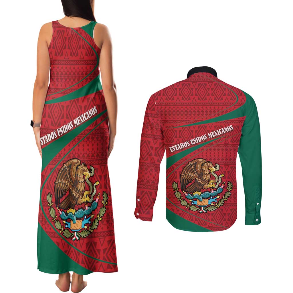 Mexico Coat Of Arms Couples Matching Tank Maxi Dress and Long Sleeve Button Shirt With Folk Pattern - Wonder Print Shop