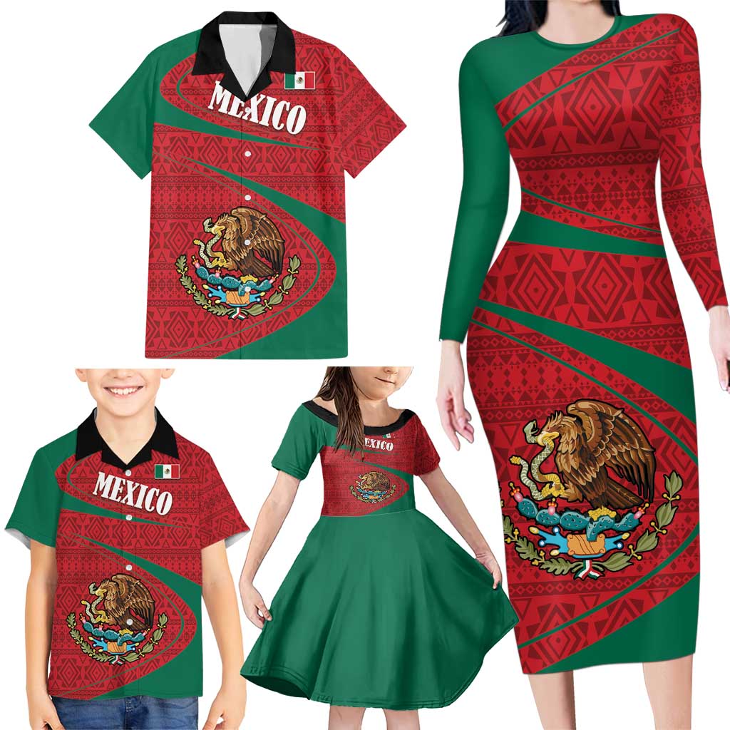 Mexico Coat Of Arms Family Matching Long Sleeve Bodycon Dress and Hawaiian Shirt With Folk Pattern - Wonder Print Shop