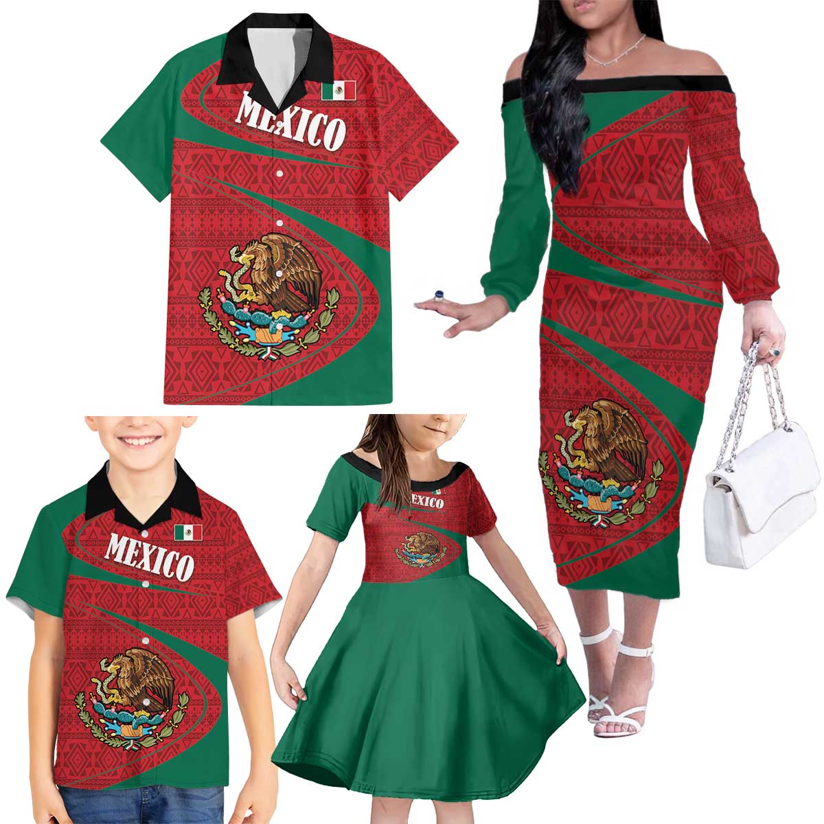 Mexico Coat Of Arms Family Matching Off The Shoulder Long Sleeve Dress and Hawaiian Shirt With Folk Pattern - Wonder Print Shop