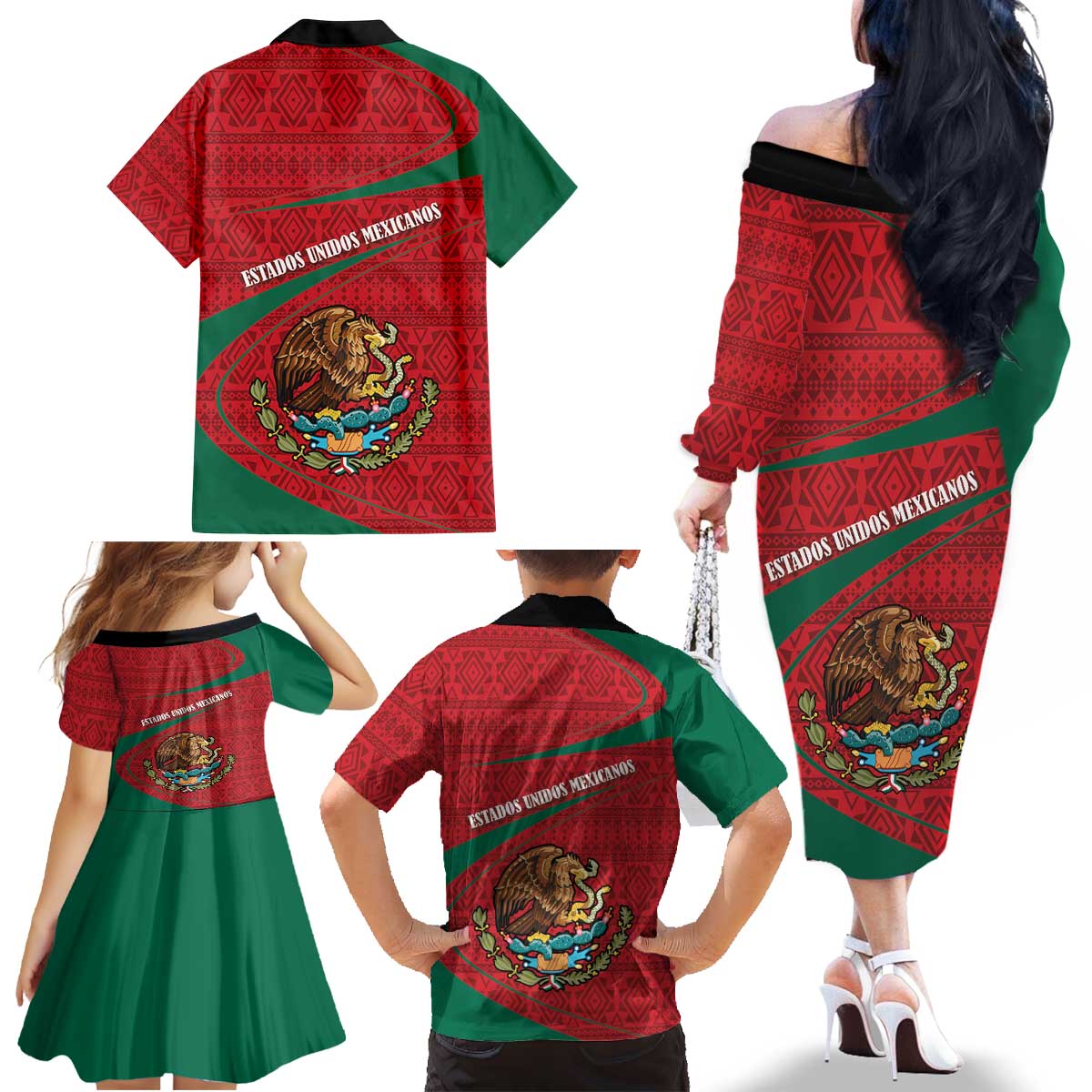 Mexico Coat Of Arms Family Matching Off The Shoulder Long Sleeve Dress and Hawaiian Shirt With Folk Pattern - Wonder Print Shop