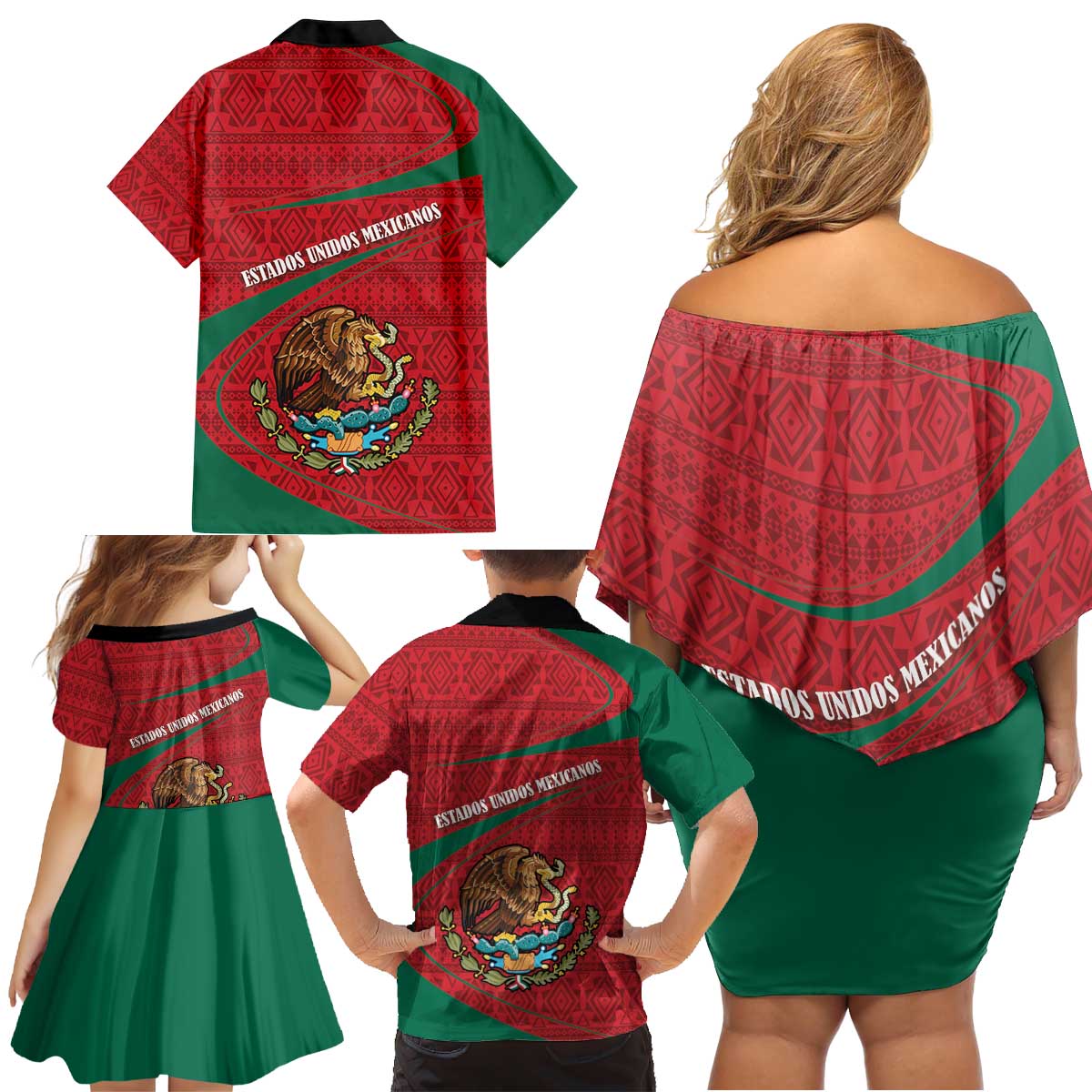 Mexico Coat Of Arms Family Matching Off Shoulder Short Dress and Hawaiian Shirt With Folk Pattern - Wonder Print Shop