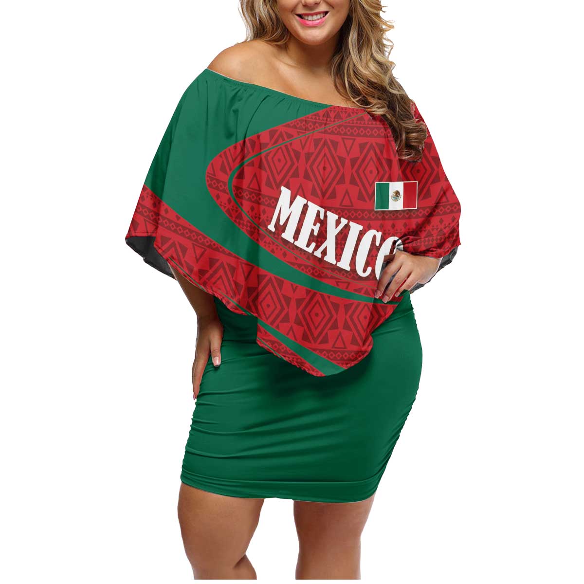 Mexico Coat Of Arms Family Matching Off Shoulder Short Dress and Hawaiian Shirt With Folk Pattern - Wonder Print Shop