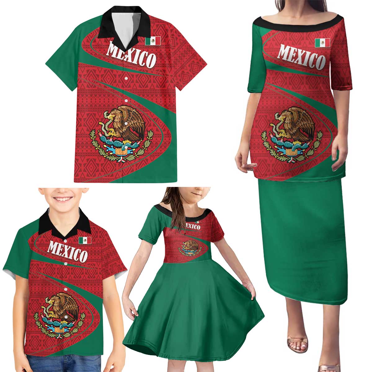 Mexico Coat Of Arms Family Matching Puletasi and Hawaiian Shirt With Folk Pattern - Wonder Print Shop