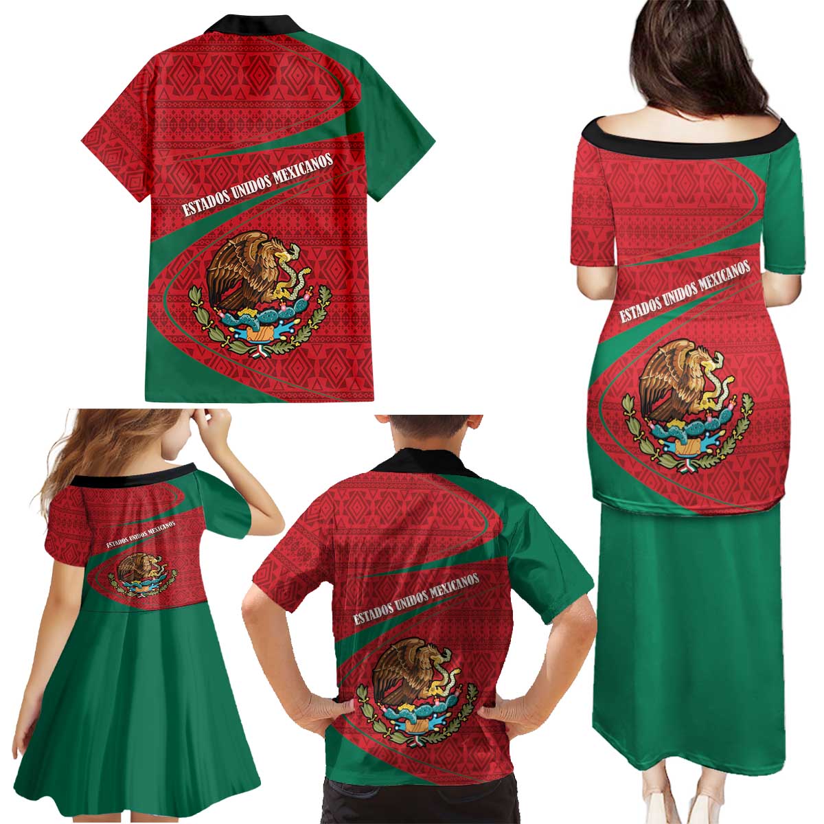 Mexico Coat Of Arms Family Matching Puletasi and Hawaiian Shirt With Folk Pattern - Wonder Print Shop