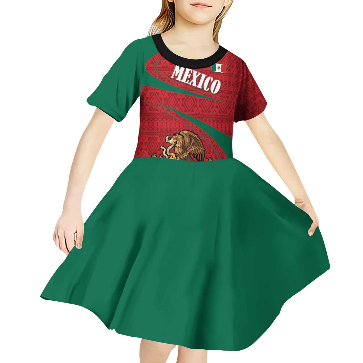 Mexico Coat Of Arms Kid Short Sleeve Dress With Folk Pattern - Wonder Print Shop