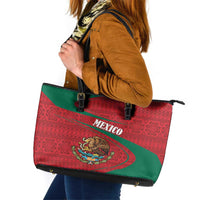Mexico Coat Of Arms Leather Tote Bag With Folk Pattern - Wonder Print Shop