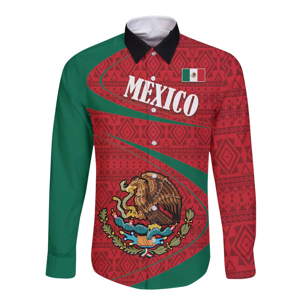 Mexico Coat Of Arms Long Sleeve Button Shirt With Folk Pattern - Wonder Print Shop