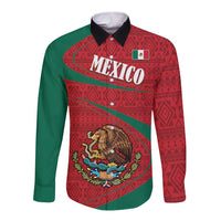 Mexico Coat Of Arms Long Sleeve Button Shirt With Folk Pattern - Wonder Print Shop