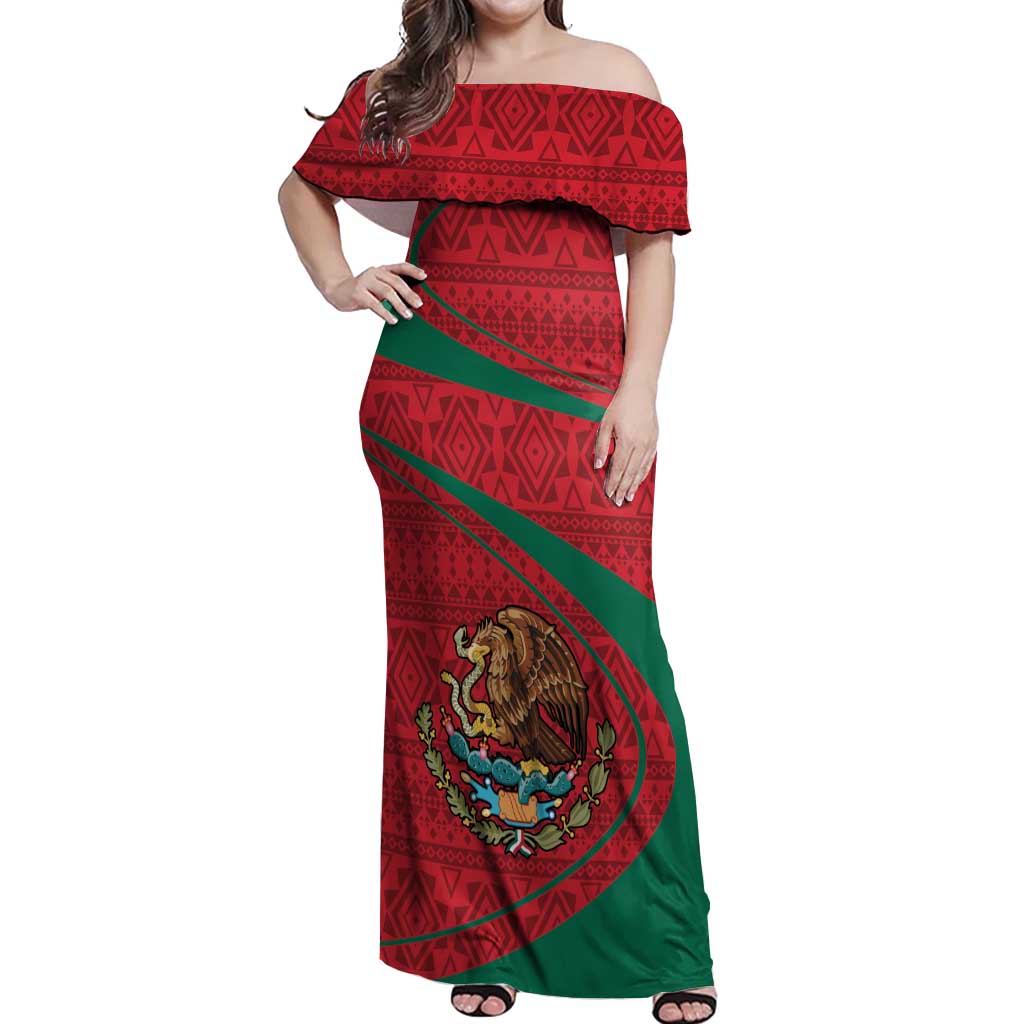 Mexico Coat Of Arms Off Shoulder Maxi Dress With Folk Pattern - Wonder Print Shop