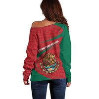 Mexico Coat Of Arms Off Shoulder Sweater With Folk Pattern - Wonder Print Shop