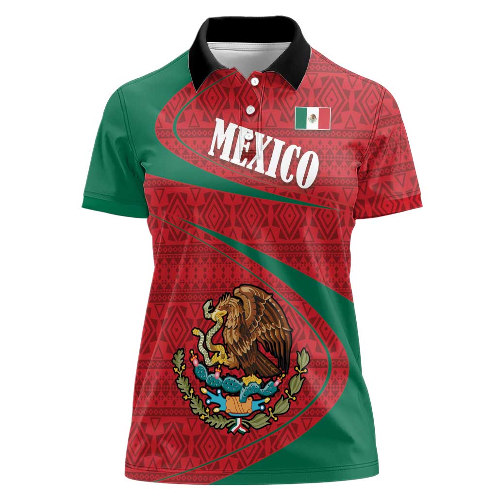 Mexico Coat Of Arms Women Polo Shirt With Folk Pattern - Wonder Print Shop