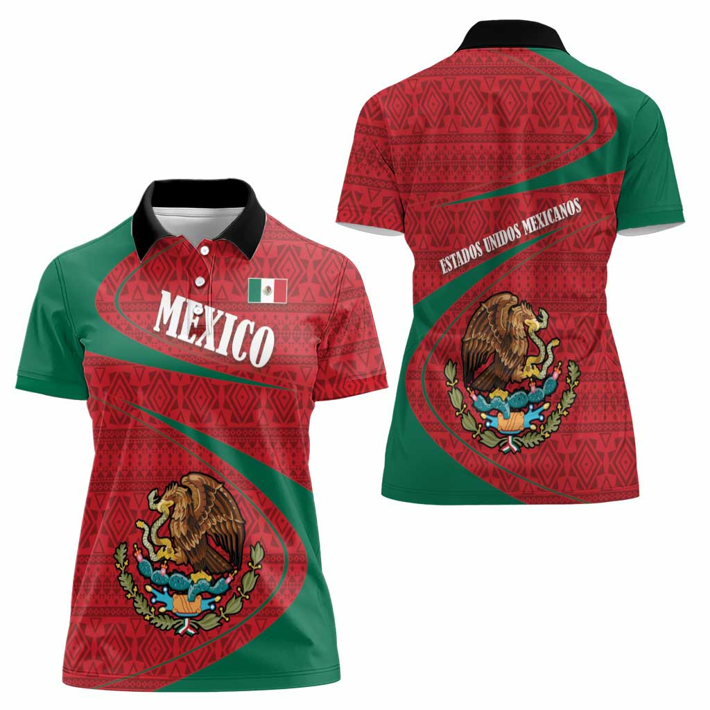 Mexico Coat Of Arms Women Polo Shirt With Folk Pattern - Wonder Print Shop