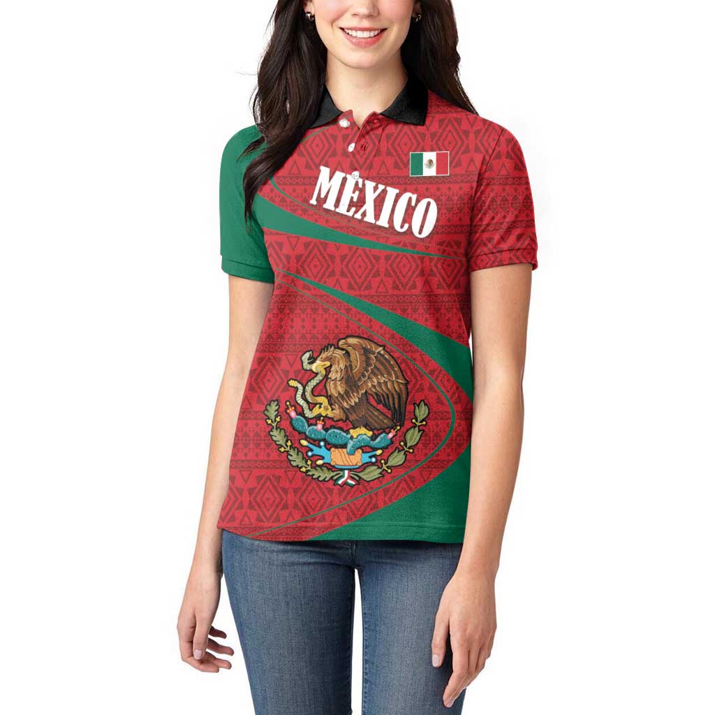 Mexico Coat Of Arms Women Polo Shirt With Folk Pattern - Wonder Print Shop