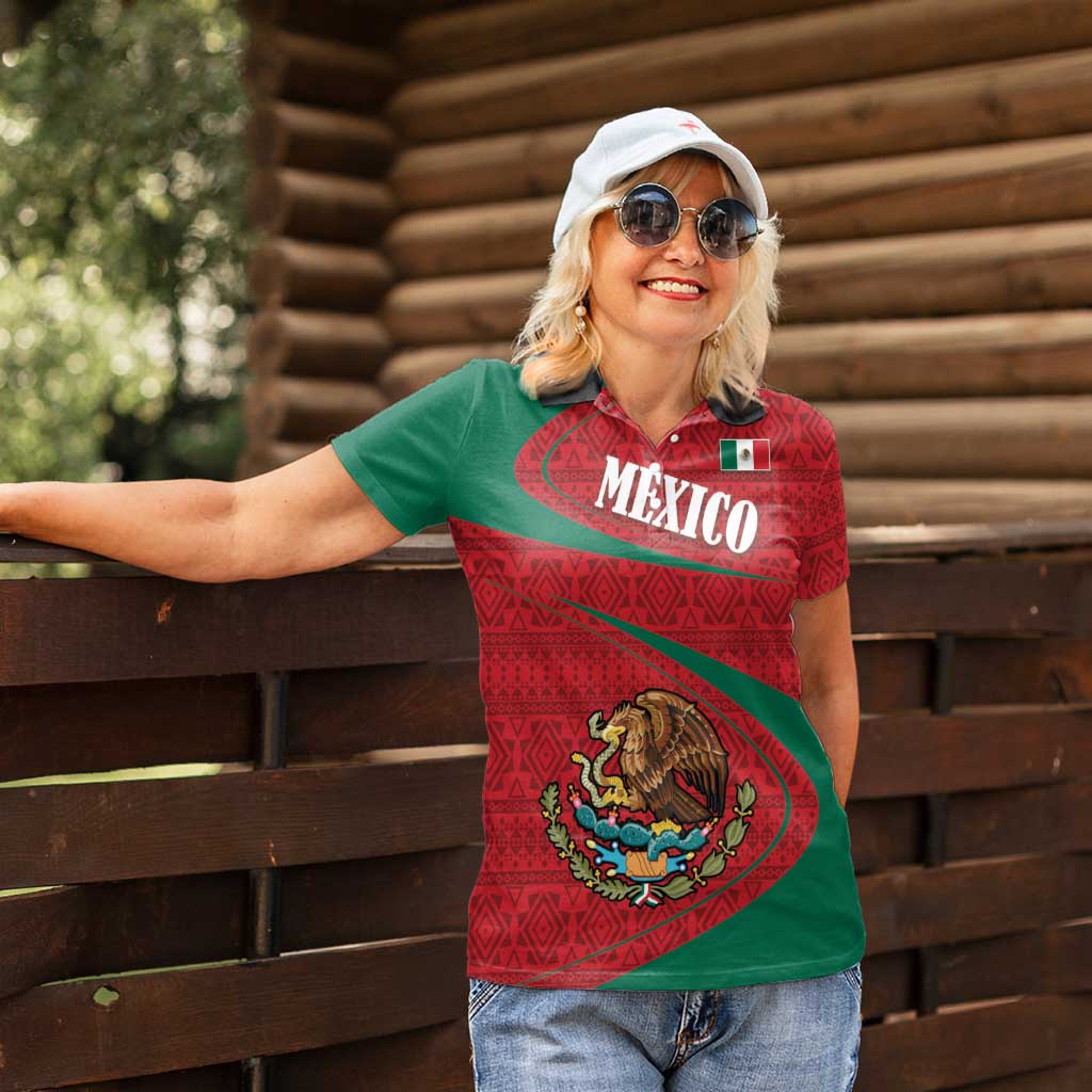 Mexico Coat Of Arms Women Polo Shirt With Folk Pattern - Wonder Print Shop