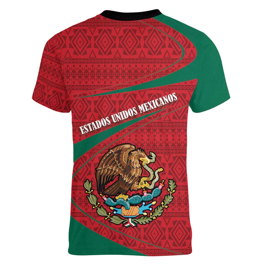Mexico Coat Of Arms Women V-Neck T-Shirt With Folk Pattern - Wonder Print Shop