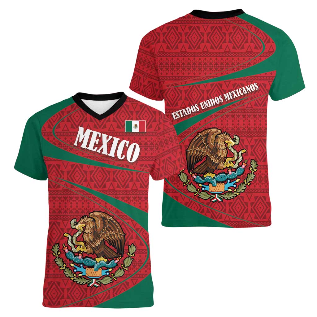 Mexico Coat Of Arms Women V-Neck T-Shirt With Folk Pattern - Wonder Print Shop