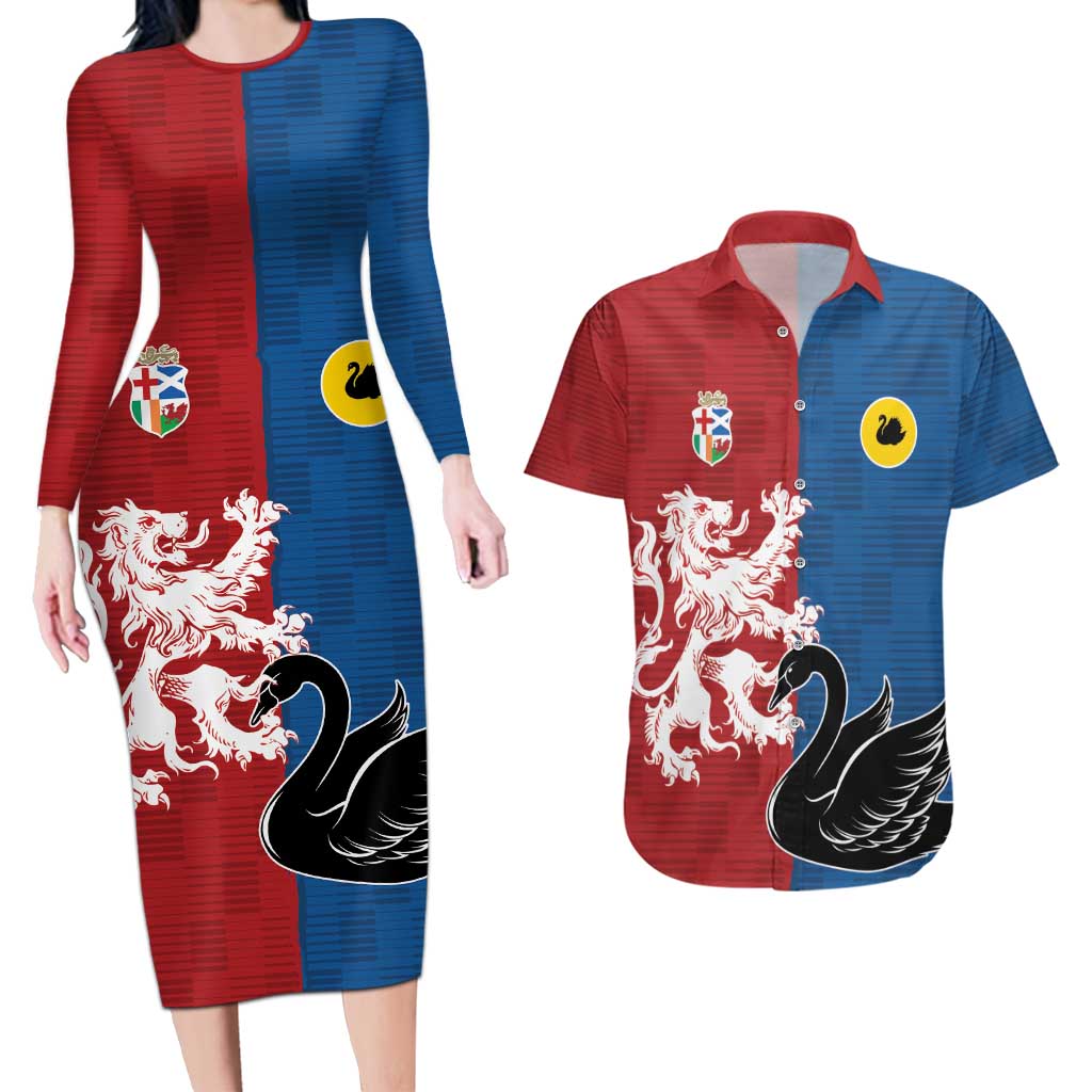 Custom British Lions Western Force Couples Matching Long Sleeve Bodycon Dress and Hawaiian Shirt Unique Style - Wonder Print Shop