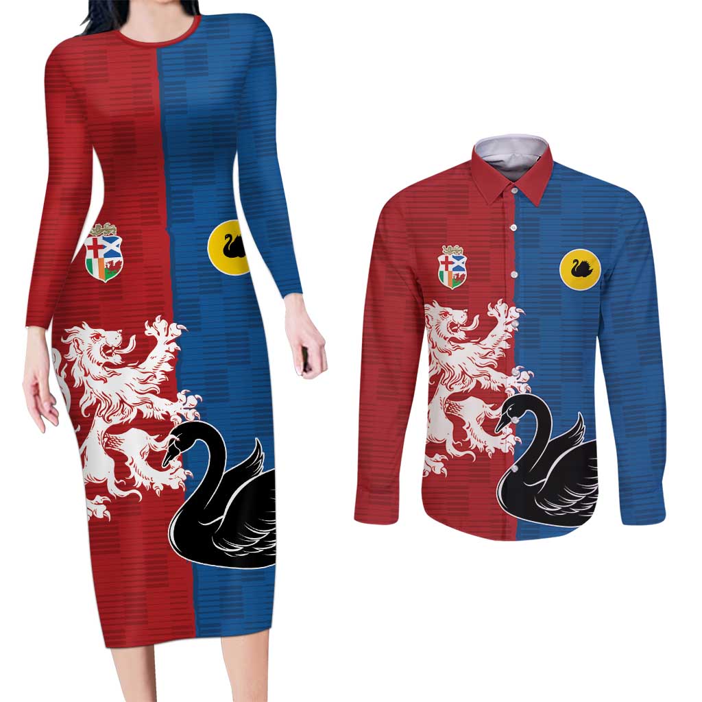 Custom British Lions Western Force Couples Matching Long Sleeve Bodycon Dress and Long Sleeve Button Shirt Unique Style - Wonder Print Shop