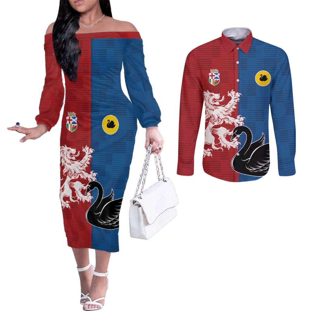 Custom British Lions Western Force Couples Matching Off The Shoulder Long Sleeve Dress and Long Sleeve Button Shirt Unique Style - Wonder Print Shop