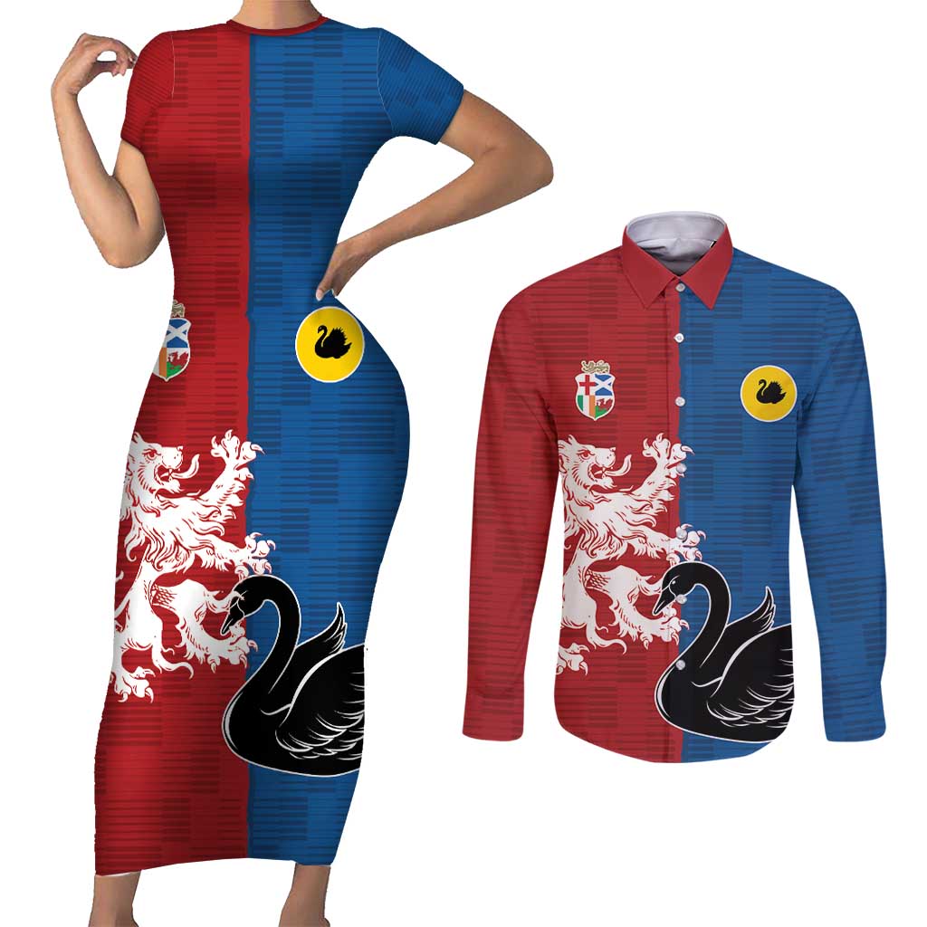 Custom British Lions Western Force Couples Matching Short Sleeve Bodycon Dress and Long Sleeve Button Shirt Unique Style - Wonder Print Shop