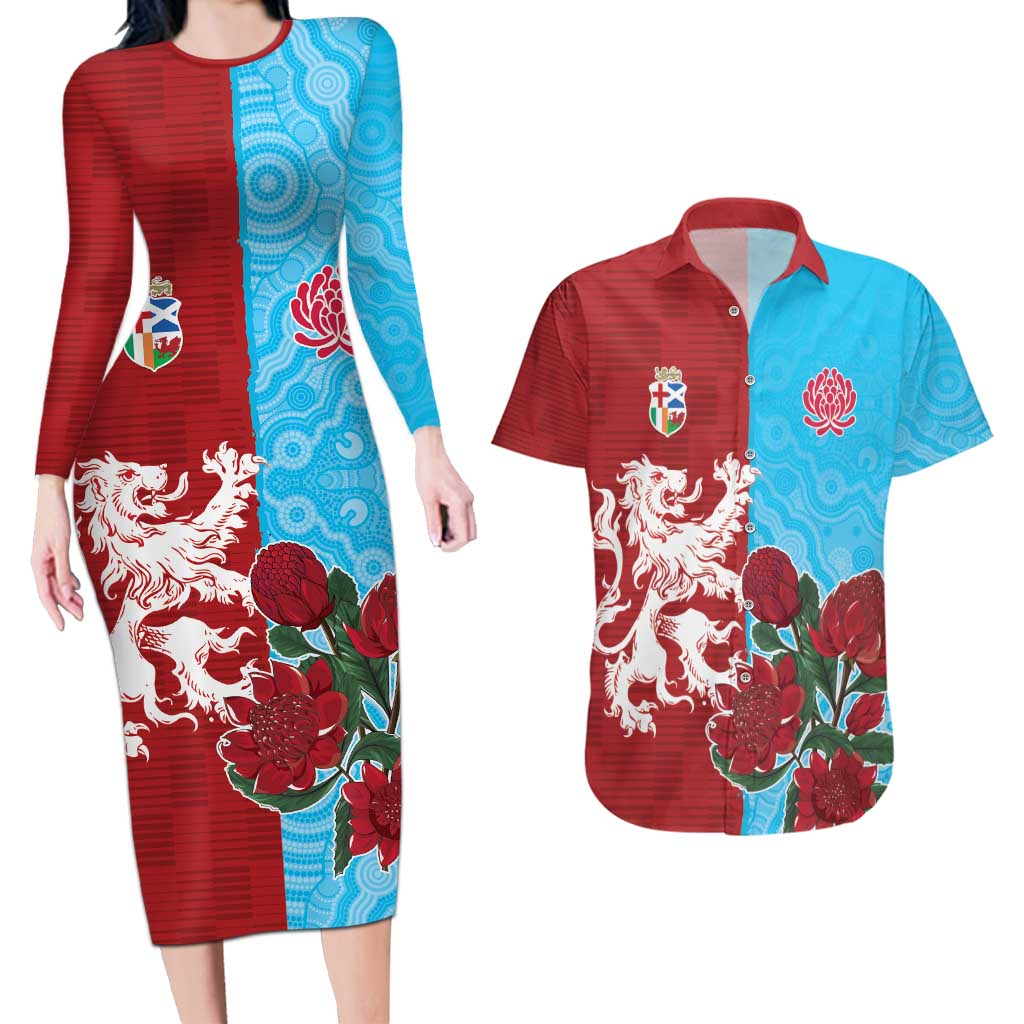 Custom British Lions Waratahs Couples Matching Long Sleeve Bodycon Dress and Hawaiian Shirt Unique Style - Wonder Print Shop