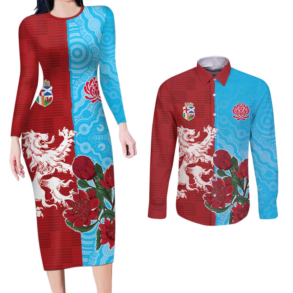 Custom British Lions Waratahs Couples Matching Long Sleeve Bodycon Dress and Long Sleeve Button Shirt Unique Style - Wonder Print Shop