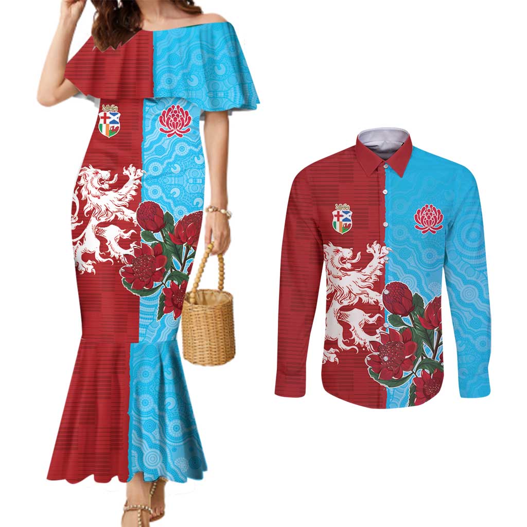 Custom British Lions Waratahs Couples Matching Mermaid Dress and Long Sleeve Button Shirt Unique Style - Wonder Print Shop