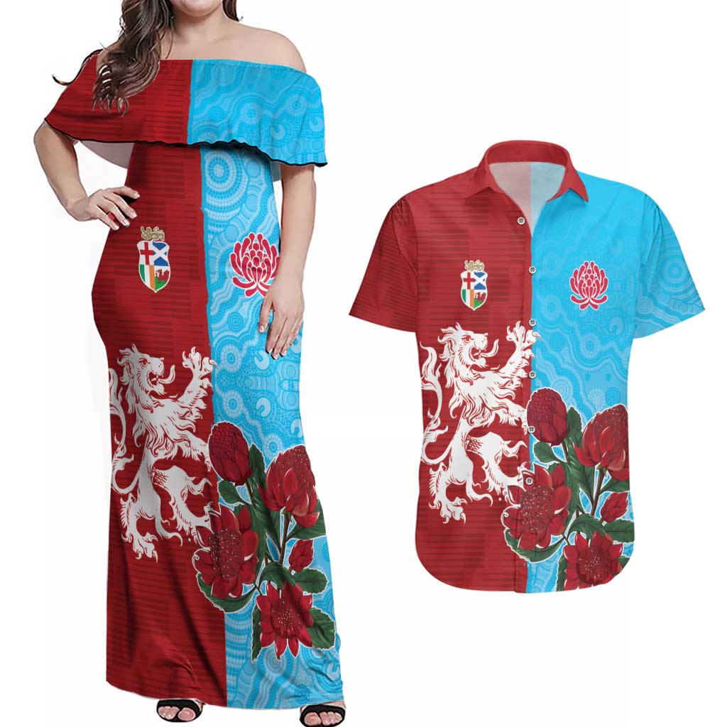Custom British Lions Waratahs Couples Matching Off Shoulder Maxi Dress and Hawaiian Shirt Unique Style - Wonder Print Shop