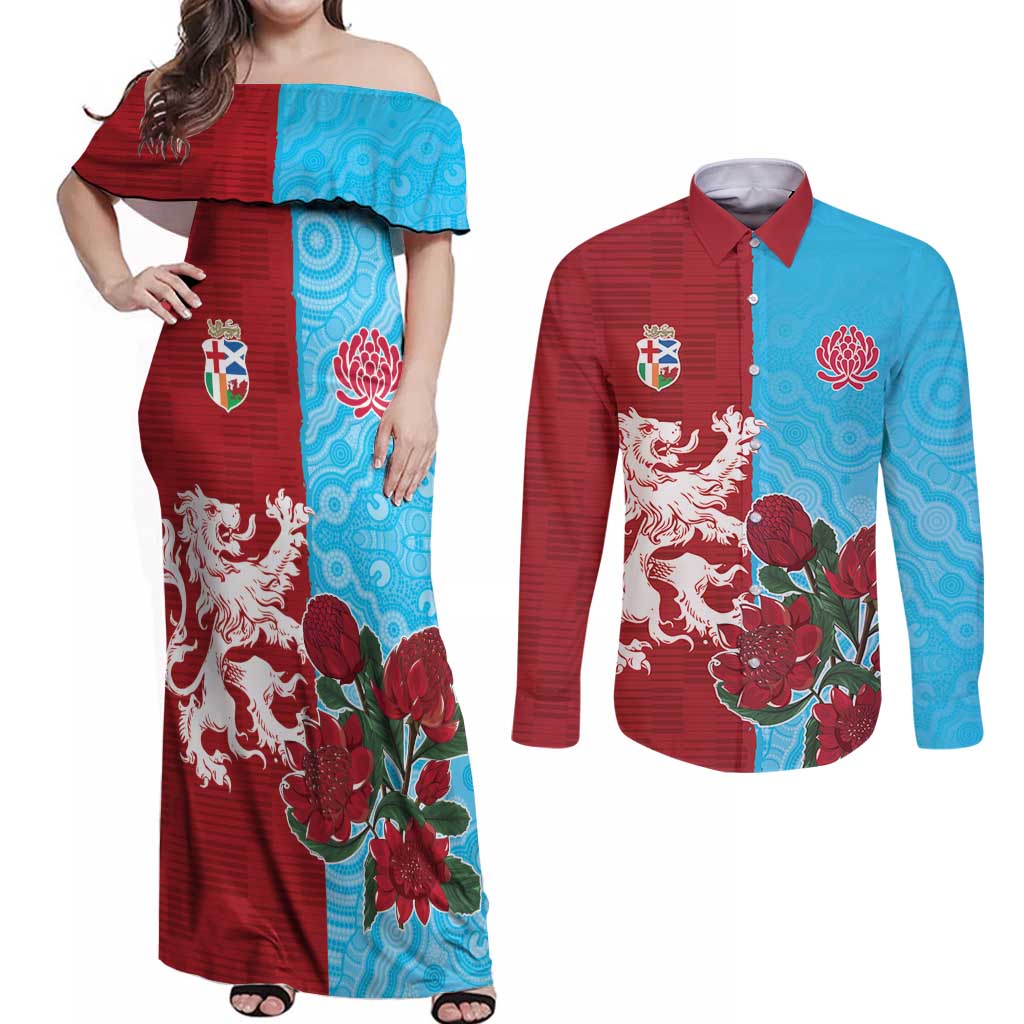 Custom British Lions Waratahs Couples Matching Off Shoulder Maxi Dress and Long Sleeve Button Shirt Unique Style - Wonder Print Shop