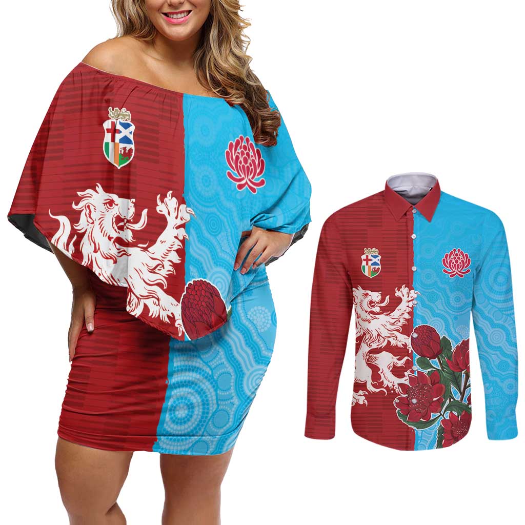 Custom British Lions Waratahs Couples Matching Off Shoulder Short Dress and Long Sleeve Button Shirt Unique Style - Wonder Print Shop