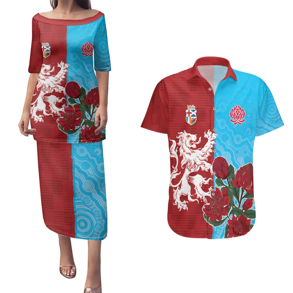Custom British Lions Waratahs Couples Matching Puletasi and Hawaiian Shirt Unique Style - Wonder Print Shop