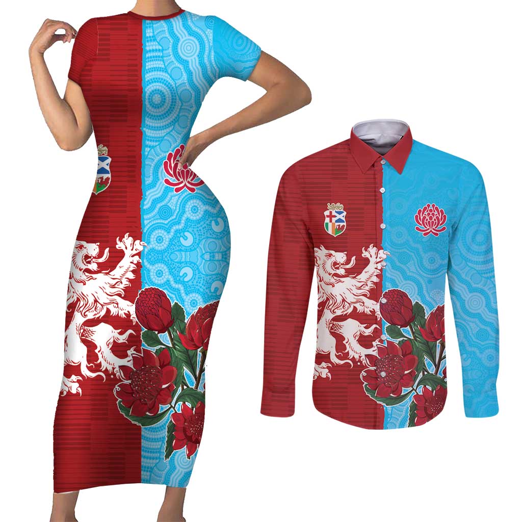 Custom British Lions Waratahs Couples Matching Short Sleeve Bodycon Dress and Long Sleeve Button Shirt Unique Style - Wonder Print Shop